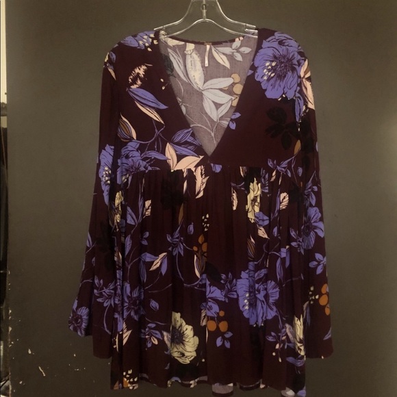 Free people] Burgundy Purple Flower details V-neck Oversize tunic Dress - Picture 3 of 6